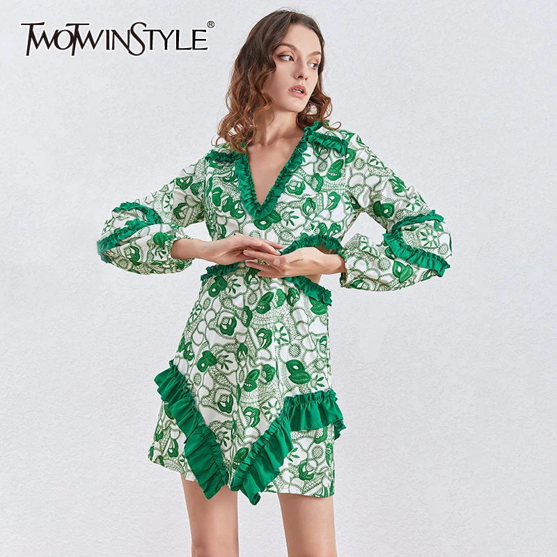 

TWOTWINSTYLE Patchwork Ruffle Sexy Dress Women Hollow out Waist Long Sleeve V Neck Embroidery Floral Dresses Female 2020 Spring