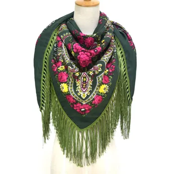 

135*135cm Russian Women Tassel Square Scarf Wrap Retro Floral Printed Scarves Shawls Female Fringed Cotton National Scarf
