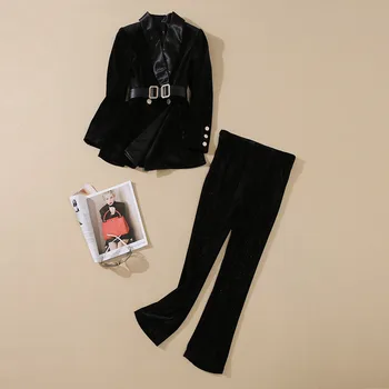 

2020 Autumn New Style Velvet Long-Sleeved Suit Jacket Belt Slim Temperament Nine-Point Pants Women'S Two-Piece High Quality