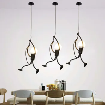 

Art Little People Hanging Lamp Cartoon Cafe LED Pendant Light Home Decor Restaurant Mini Iron Vintage For Bedroom Dining Room