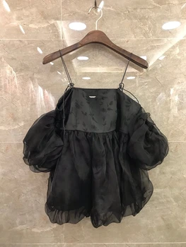 

2020 Spring and Summer New Women's off-Shoulder Puff Sleeve Ruffles Solid Color Top 529