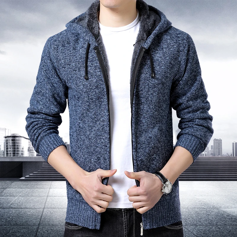 Men's Autumn Winter Sweater Coat Thick Wool Hooded Slim Fit Large size Zipper Cardigan Casual Warm Handsome Jacket