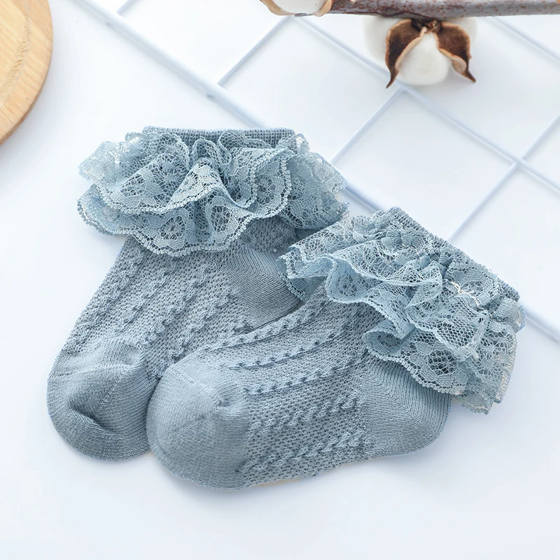 Носки для новорожденных, носки с кружевными бантами для маленьких девочек, Осенние мягкие носки принцессы с цветочным принтом для малышей - Цвет: Синий