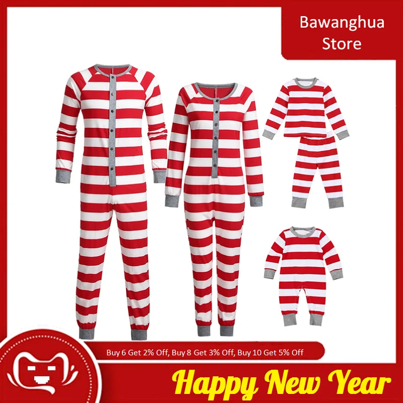 

Christmas Parent-child Jumpsuit Outfits Family Xmas Jammies Button Striped Holiday Matching Pajamas Long Jumpsuits 2019 New