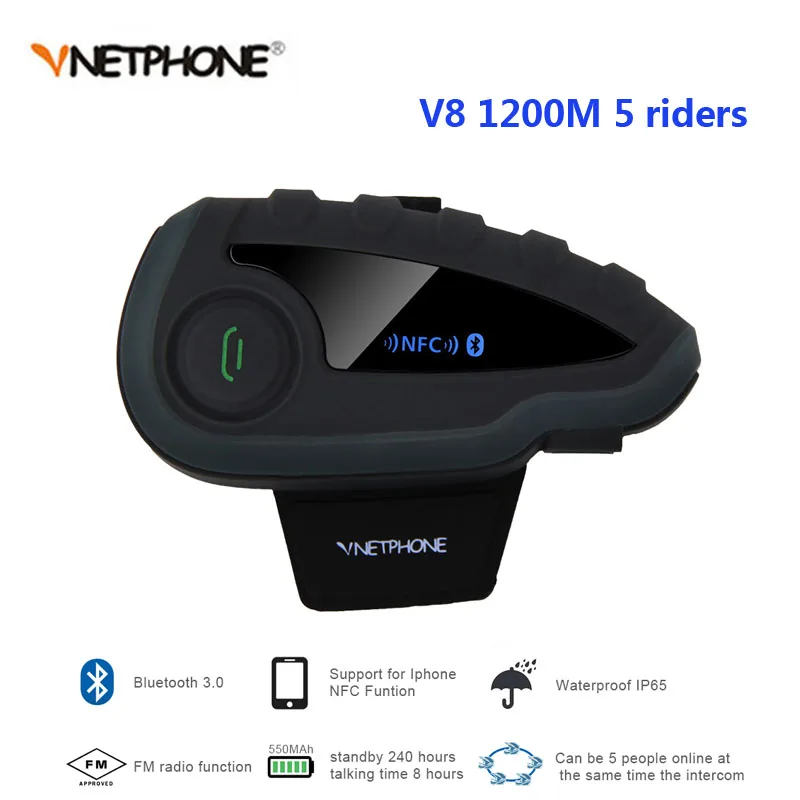 Vnetphone V8 Intercom without Remote Control 5-Way Group Talk NFC 1200M Bluetooth Motorcycle Helmet Headset with FM Radio