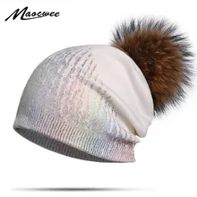 Шапка с помпоном из натурального меха, женские вязаные шапки бини, одноцветные, черные, белые, мягкие, теплые, зимние, крученые, пушистые, шапки с помпонами, шапки с помпонами