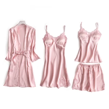 

Pink Woman Pajamas 4PC Strap Top Pants Suit Sleepwear Sets Spring Home Wear Nightwear Sexy Kimono Robe Bath Gown Bathrobe