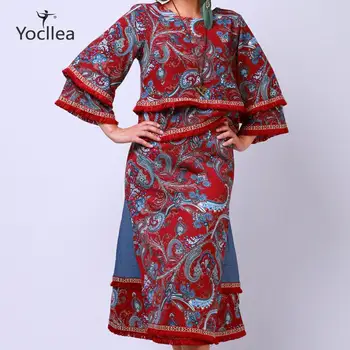 

Plus size Women Two piece set New 2020 Spring and autumn tassel Retro Print knitting sweater bust skirt 2 pieces set suit