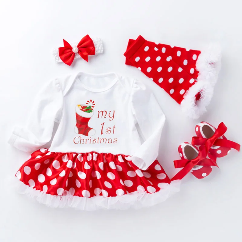 Платье для новорожденных девочек красная одежда в горошек с надписью «my first christmas», Рождественская шапка Санты, платье-пачка с повязкой на голову, комплекты одежды для малышей в полоску