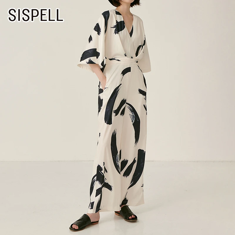 

SISPELL Summer Print Women's Jumpsuit V Neck Half Sleeve High Waist Rompers Wide Leg Pants Female 2019 Fashion New