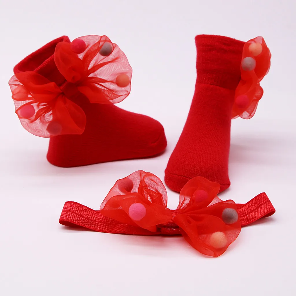 Носки для малышей+ 1 шт., носки с поясом для волос, нескользящие носки с бантом для маленьких девочек