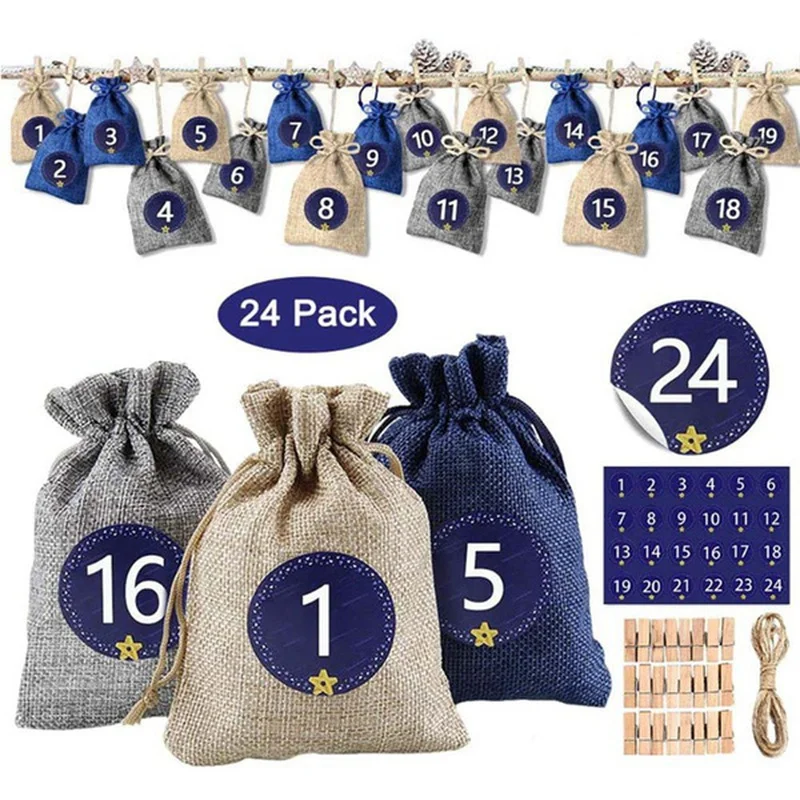 

24Pcs 3 Color Set Linen Gift Bags Christmas Gift Candy Packaging Small Bag Reusable Drawstring Wrap Present Gift Party Bags