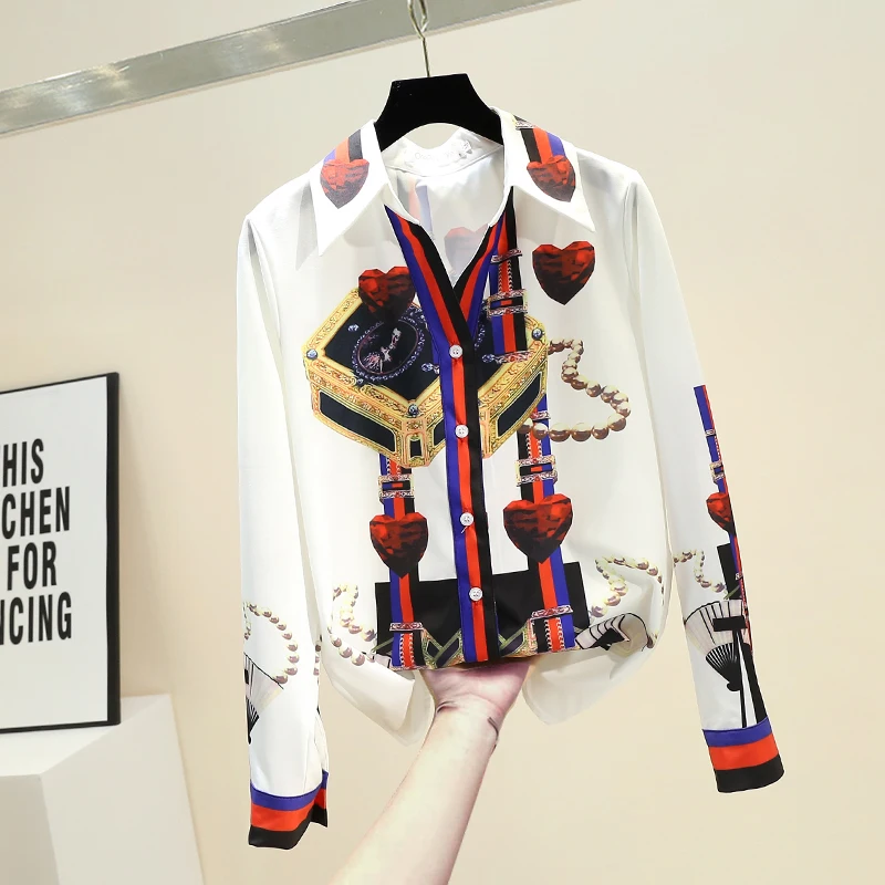

2020 Spring New Retro Print Blouse Women Lapel Shirt Woman Long Sleeve Shirt Tops Office Ladies All-match Blouuse Blusas Femme