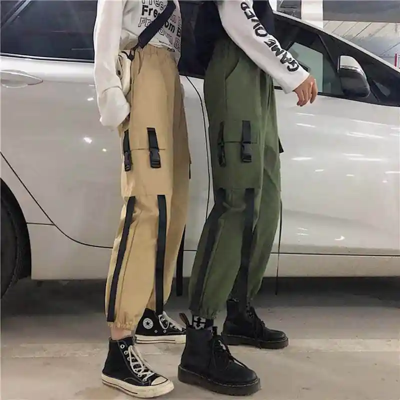 Женская одежда уличная новая Корейская Harajuku Повседневная Свободная ulzzang эластичная талия Харадзюку Твердые гарем карго Брюки с высокой талией