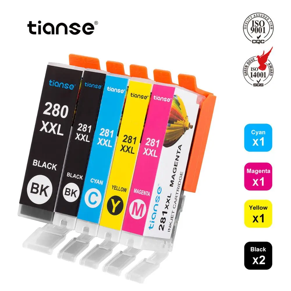 

TIANSE 5pk/set for PGI 280XXL CLI 281XXL Ink Cartridge for Pixma TS9120 TS6120 TS6220 TS8120 TR7520 TR8520 TS8220 TS702 TS9521C