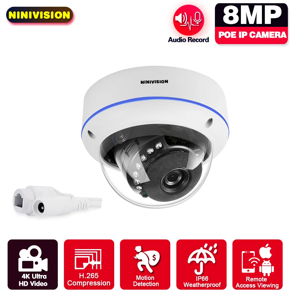 8MP 4K IP Camera POE CCTV Security Cameras H.265 Outdoor Waterproof Dome Metal Audio Video Surveillance For NVR System | Безопасность и