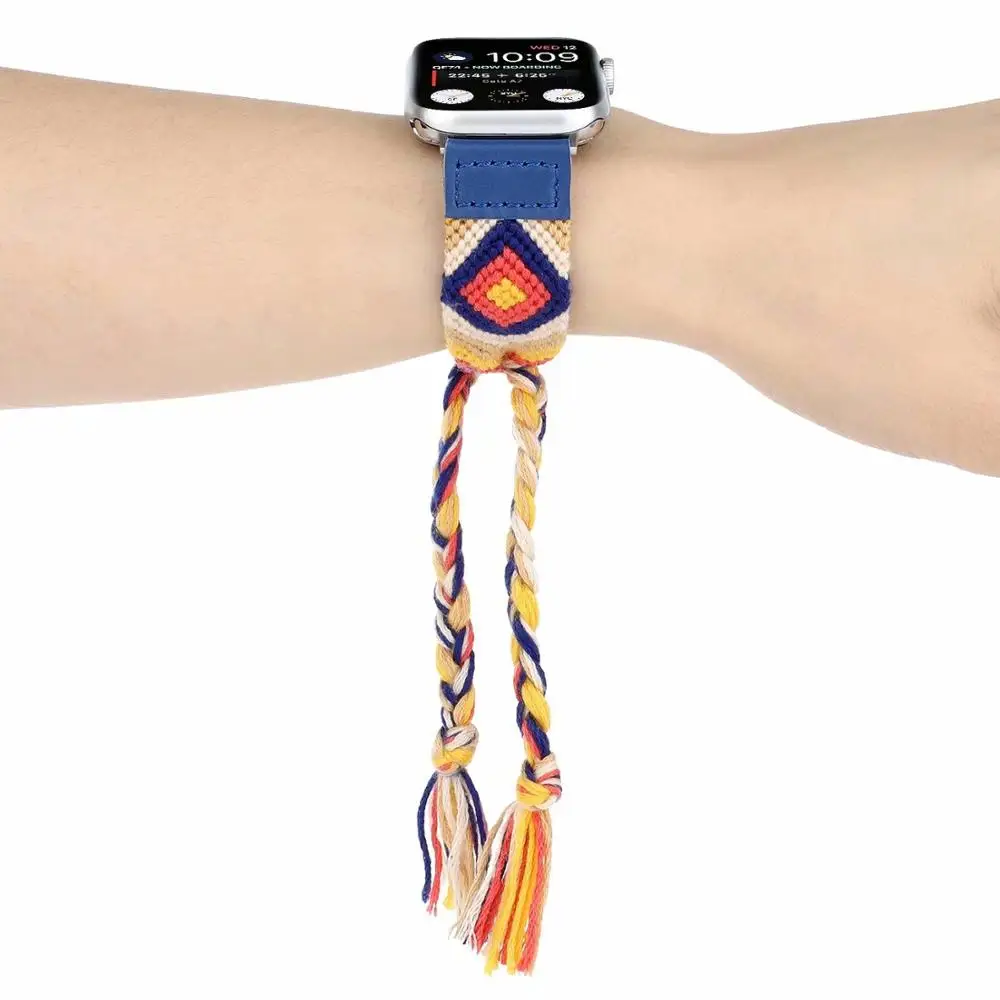 Разноцветный тканевый ремешок ручной работы для Apple Watch 5, 4, 3, 2, 1, в этническом стиле, браслеты на запястье, кожаный браслет, ремешок для iWatch 44/40/42/38 мм