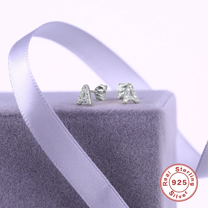 CANNER Small 925 Sterling Silver Alphabet Stud Earrings for Women Exquisite Zircon Cartilage Piercing 26 Letter Earings Jewelry