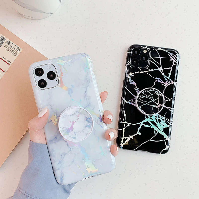 Luxury Laser Marble Phone Case For iPhone 11 Pro Max X XR XS Glossy Soft 6 6S 8 7 Plus Cover Foldable Holder | Мобильные телефоны и