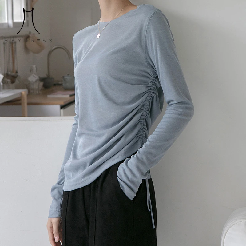 

Heydress Women Autumn Chic T-shirt Vintage Soft Female Drawstring Long Sleeve T-shirts Casual Street Wear Lady Knitted Tees Tops