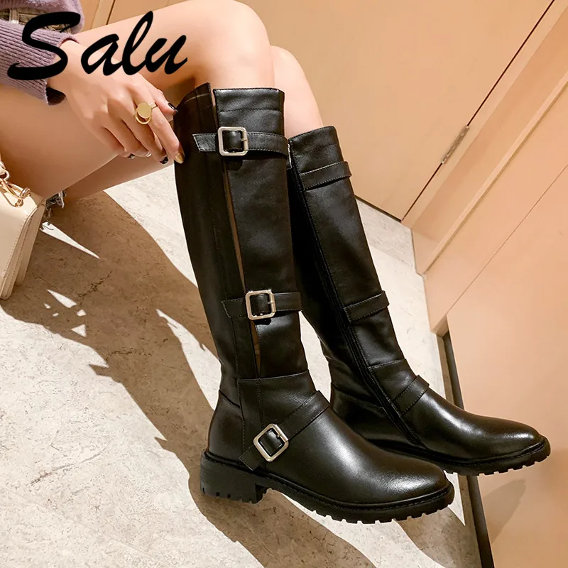 

Salu Winter Boots Women Knee High Boots Warm Boots New Fashion Real Leather Women Shoes Round Toe Heel Black Ladies