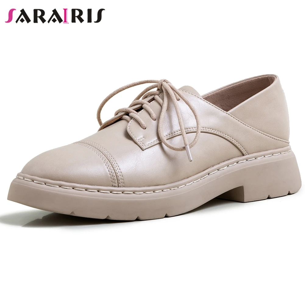 

SARAIRIS Retro Fashion Female Lace Up Sewing Low Heel Spring Autumn Flats Casual Office Genuine Leather Flats Women Shoes Woman