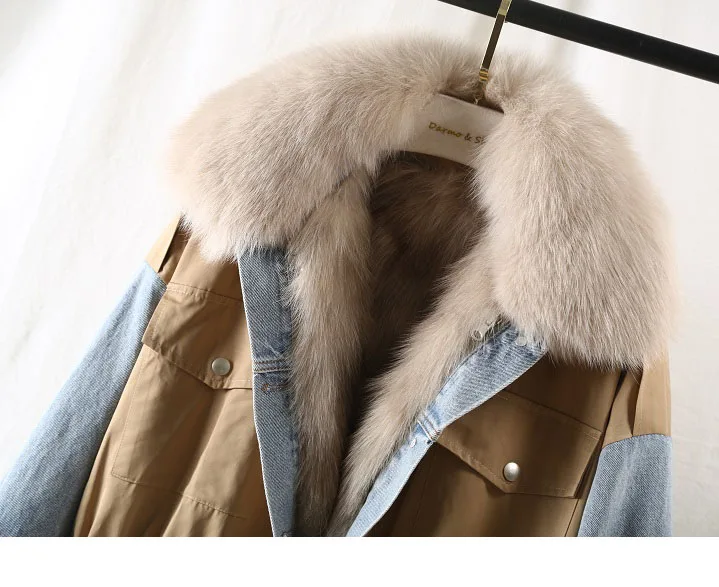 OFTBUY стиль сафари джинсовая Лоскутная парка пальто с натуральным мехом зимняя куртка женская натуральный Лисий меховой воротник и подкладка теплая верхняя одежда