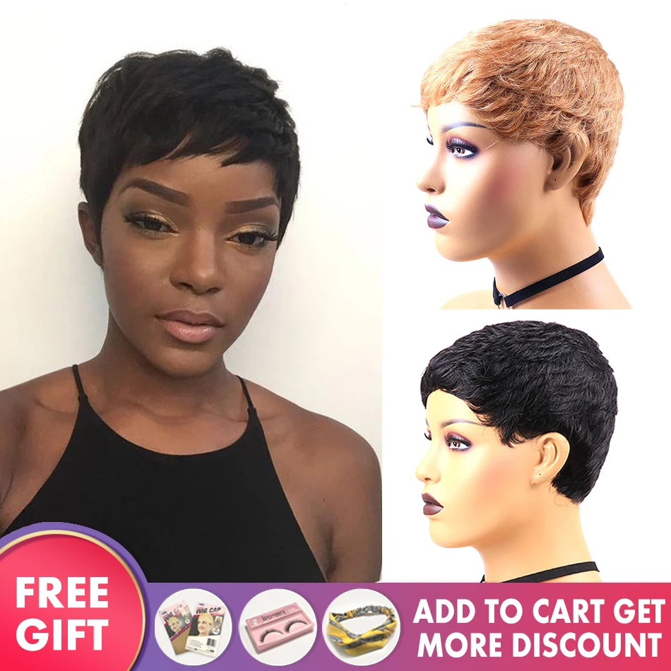 ピクシーカットかつら自然なカール人毛かつら黒人女性のためのブラジルかつら自然色 130 密度で髪 フルマシーンウィッグ Aliexpress