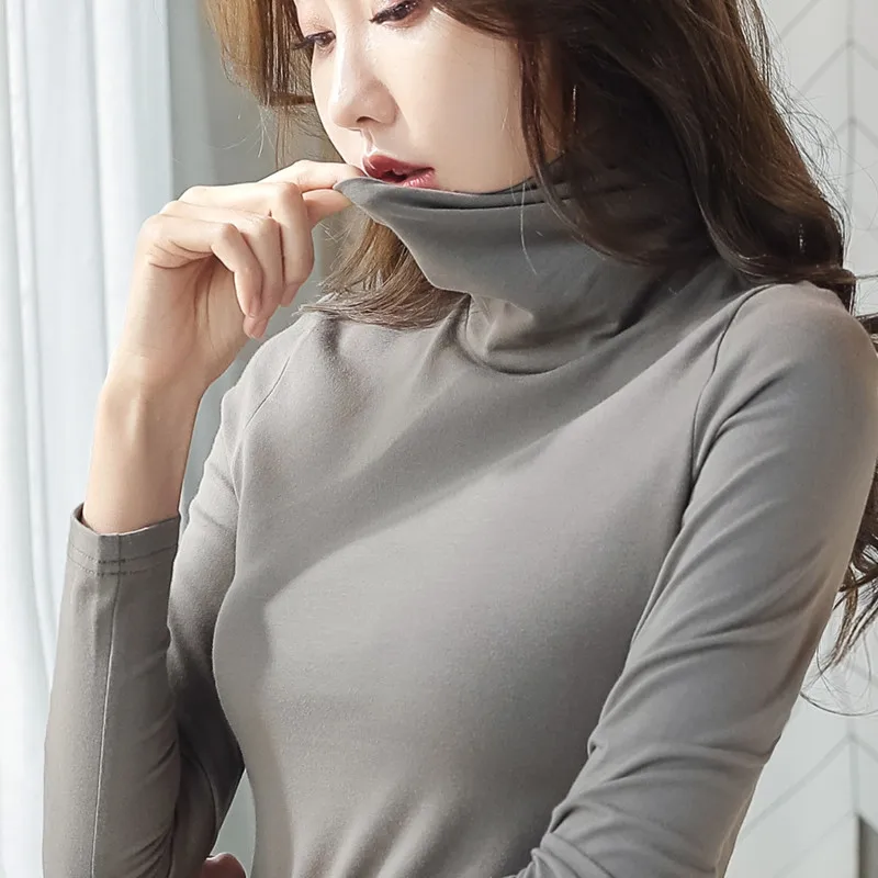 

2020 Women High collar T Shirt Pile up collar womens lounge Wear V-collar black long sleeve T-shirt for Winter Autumn