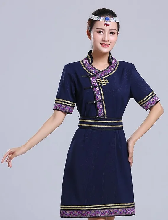 Dark blue Элегантные восточные qipao платья mogolian Стиль женщины cheongsam с коротким рукавом и вышивкой Ретро узор Тан костюм платье - Цвет: Dark blue