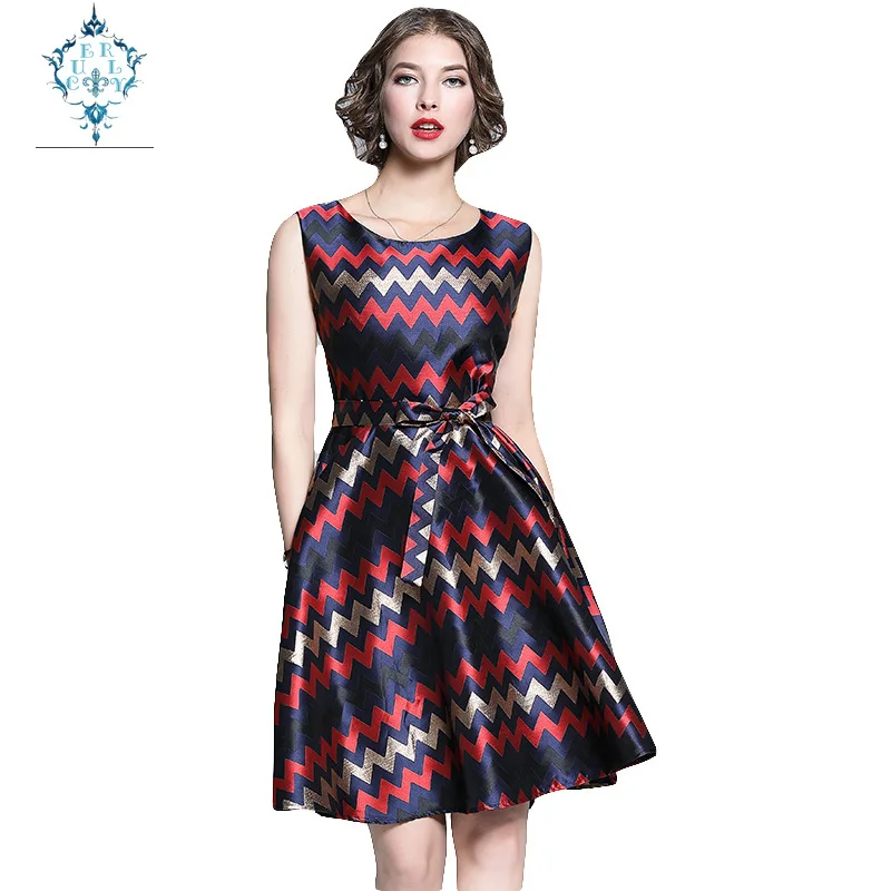 

CURLY summer new high-end temperament women's clothing 2019 Elegant Slim thinness sleeveless large swing geometric print dresses