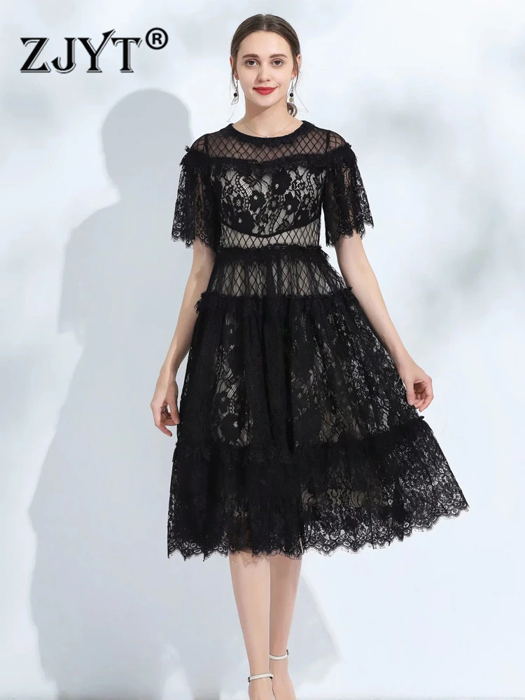 Pintura probabilidad Estudiante ZJYT Summer Hollow Out Black Lace Dress for Women Party Elegant Short  Sleeve Vintage Sexy Vestidos Midi Aline Evening Gown| | - AliExpress