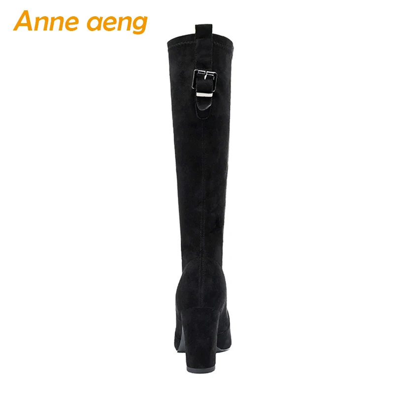 New Winter Women Mid-Calf Boots High Square Heel Pointed Toe Solid Metal Sexy Ladies Women Shoes Black Warm Boots