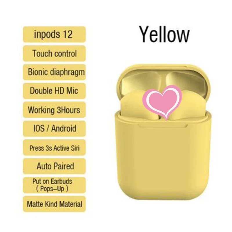 yellow with box I12 TWS беспроводные Bluetooth наушники матовые цветные наушники свободные руки портативные спортивные наушники музыка для смартфона - Цвет: yellow with box
