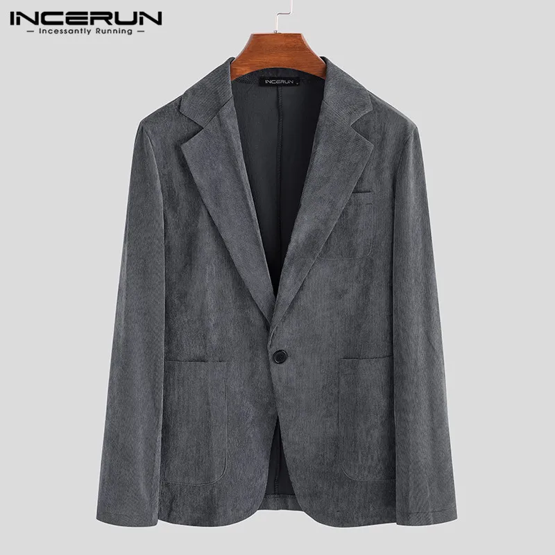 INCERUN мужские спортивные пиджаки Вельветовая уличная одежда с длинным рукавом простая верхняя одежда Модный деловой шикарный мужской блейзер повседневные Костюмы Куртки - Цвет: Gray