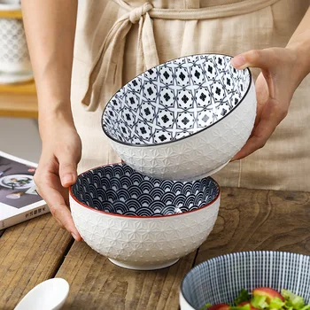 

Nordic Style 6-inch Underglaze Color Ceramic High-foot Anti-scald Relief Tableware Household Large Bowl Noodle Soup Ramen Bowls