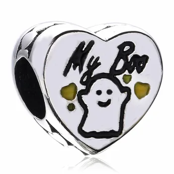 

New 925 Sterling Silver Bead Charm White Enamel Halloween Love Heart Shape My Boo Beads Fit Bracelet DIY Jewelry