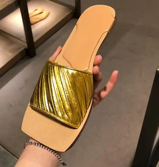 Золотой BONJEAN Fashion Square Toe Woman Slipper Sexy Open Toe Flat Shoes Summer Leather Braided Slides Black Beige Shoes - Цвет: Золотой