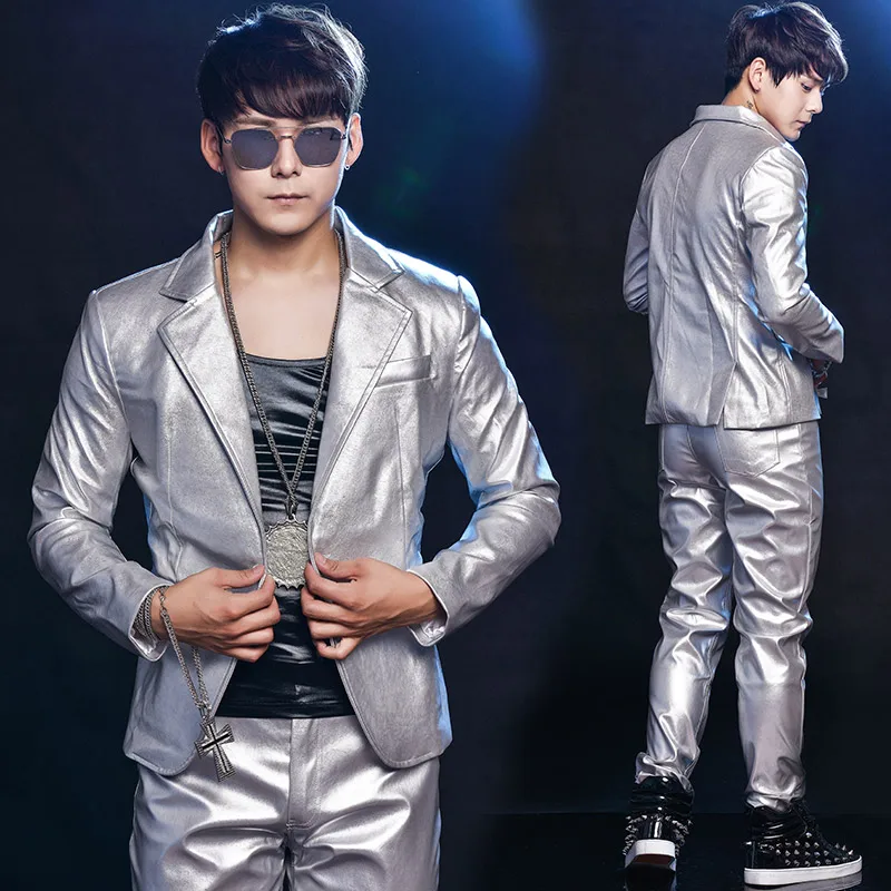 

Nightclub Male GoGo Dance Costume Three Sets Hip Hop Dance Pants Drum Performing Bright Silver Suit Singer Stage Costume BL2212