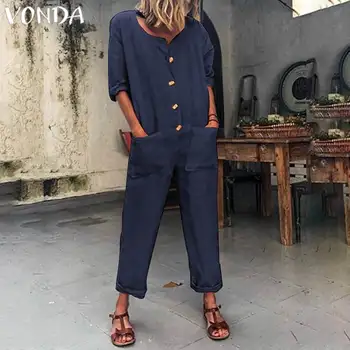 

Fashion VONDA Womans Autumn Cotton Rompers Women Jumpsuits Button Playsuits Office Ladies Casual Loose Pantalon Plus Size Pants