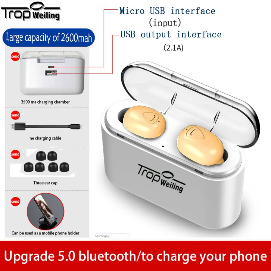 Беспроводные наушники TROP WEILING Mini Dual V5.0, Bluetooth наушники, 3D стерео звук, наушники с двойным микрофоном и зарядным устройством - Цвет: T-X9-White-G-D2