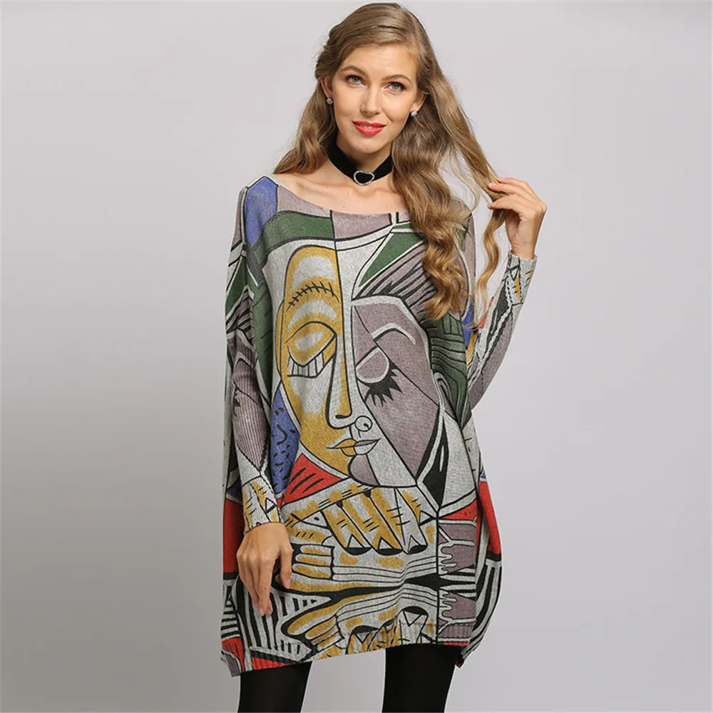 

2020 Autumn New Oversize Women's Loose Simple Pullover Knitted Sweater European And American Style Print Sweater