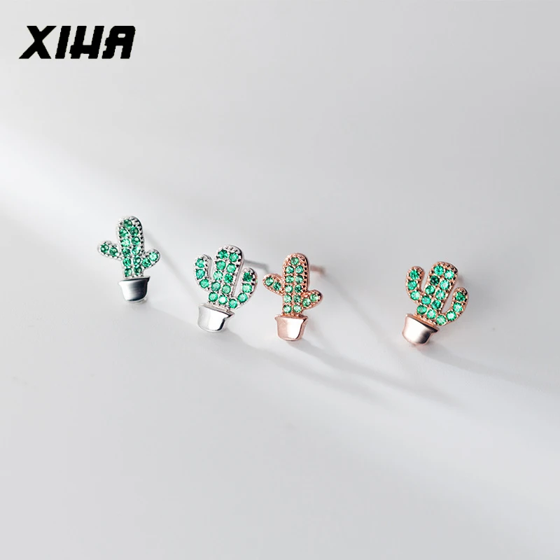 Серьги из стерлингового серебра 925 года С КАКТУСОМ для девочек, маленькие модные серьги-гвоздики для девочек, милые корейские серьги с зеленым кристаллом, асимметричные