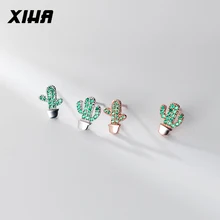 Серьги из стерлингового серебра 925 года С КАКТУСОМ для девочек, маленькие модные серьги-гвоздики для девочек, милые корейские серьги с зеленым кристаллом, асимметричные