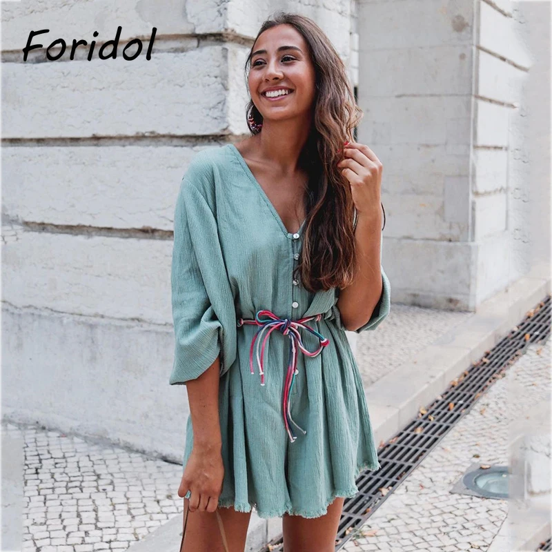 

Foridol Button Up Cotton Loose Rompers Women Summer Wide Leg Bohemian Overalls V Neck Sash Casual Playsuits Green Romper 2021