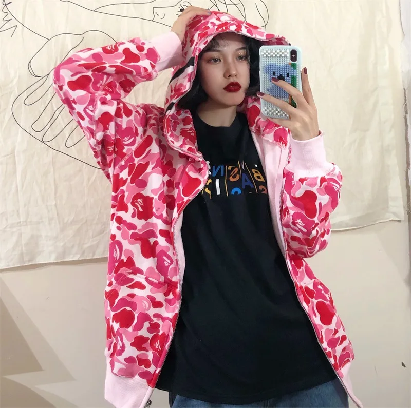 Zipper Shark Camouflage Hoodies Women Men Sweatshirts Harajuku Hip-Hop Loose Couple Coat Korean Funny Oversized Hoodie Jacket pink hoodie