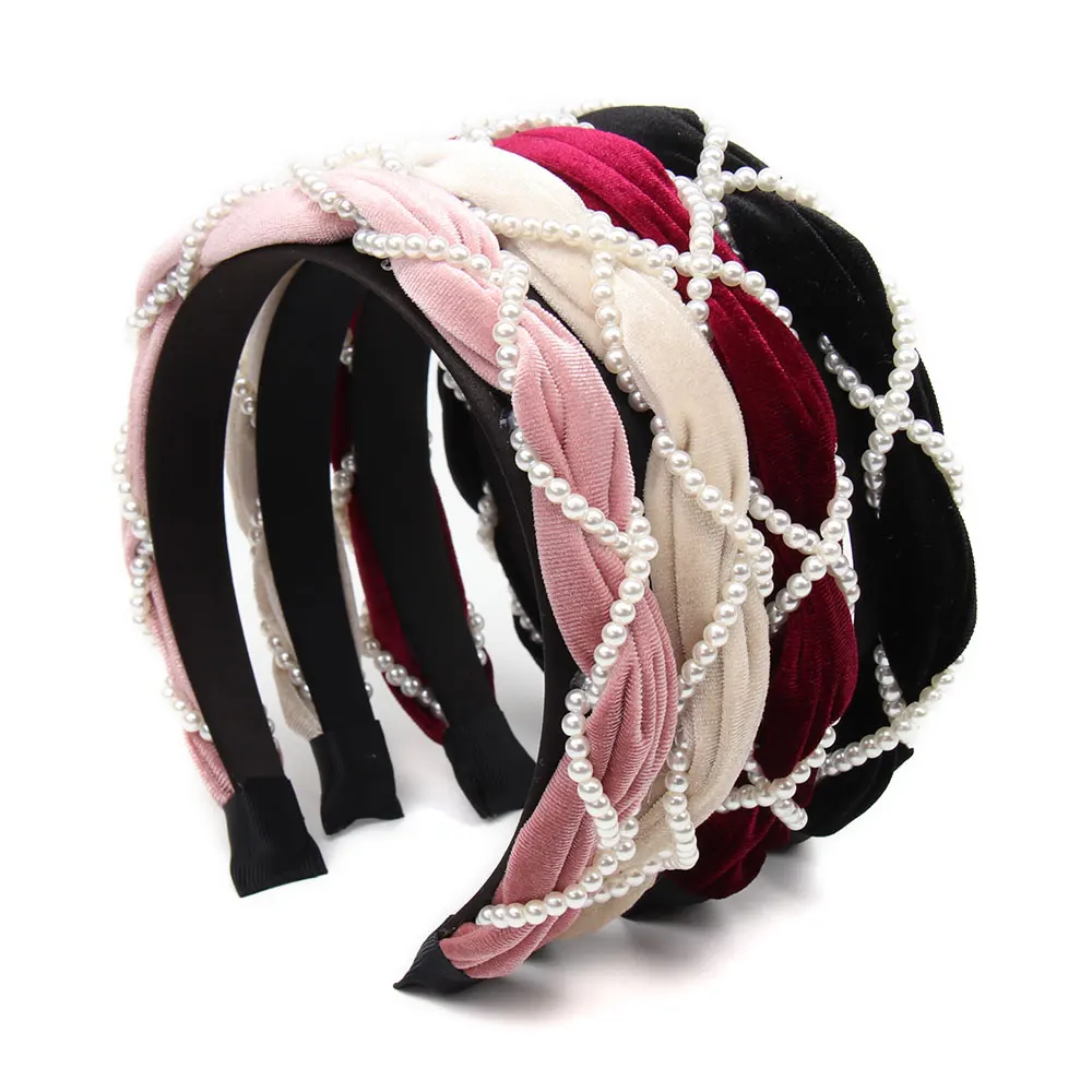 

Girls Braid Pearl Velvet Headbands For Women Sweet Handmade Solid Hairbands Hair Hoop With Pearls Girls Velvet Hair Accessories