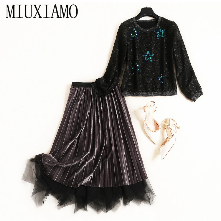 

MIUXIMAO 2019 Autumn Twinset Office Lady Elegant Mesh Women Suit Luxury Sequined Jacquard Top + Velvet Ankle-Length Skirt Set