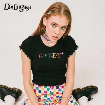 

Darlingaga Ribbed Letter Embroidery Black T shirt Women Casual Cropped Tops Short Sleeve Slim Tee Shirts Fashion T-shirt Clothes