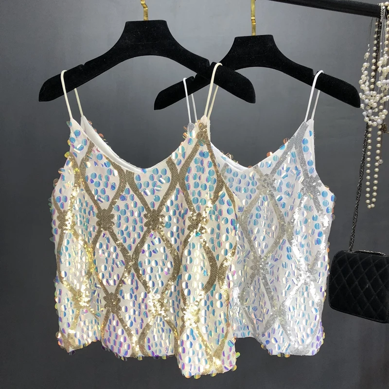 

Cakucool Summer New 2020 Mermaid Color Shiny Sequins Sexy Camisole rhombus Party Vocation Slim Tank Top Women